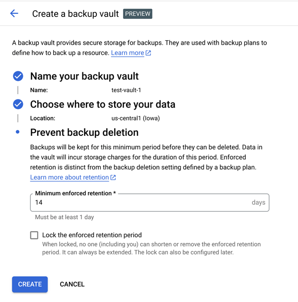 Setting up a backup vault can include adding a retention period.