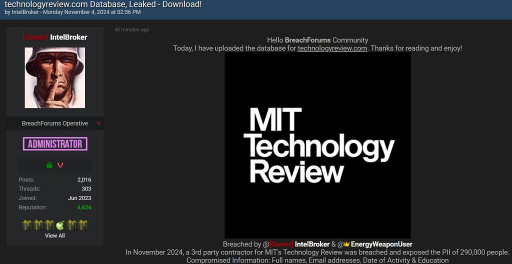 Hackers Leak 300,000 MIT Technology Review Magazine User Records