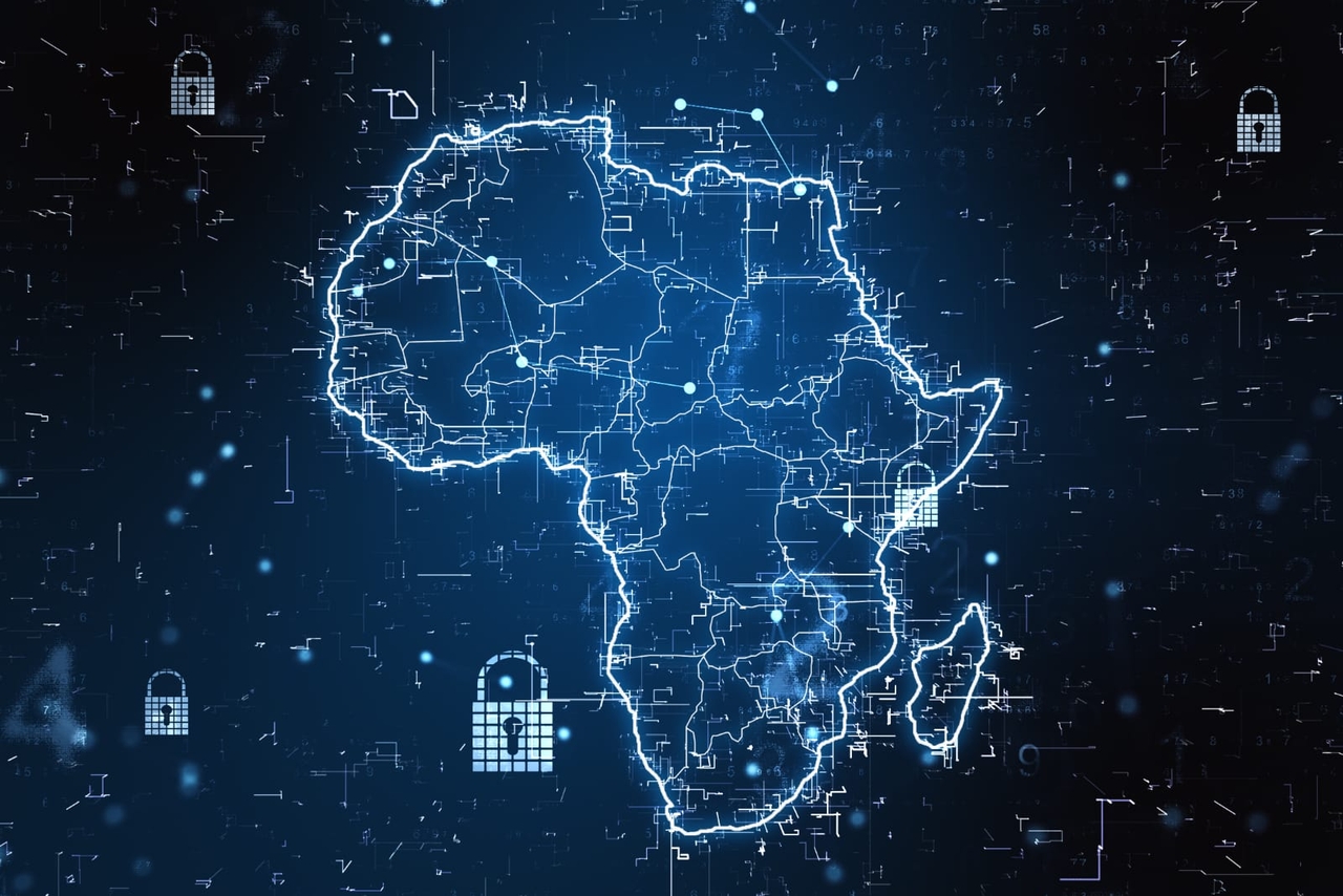 A digital map of Africa, overlaid with padlocks