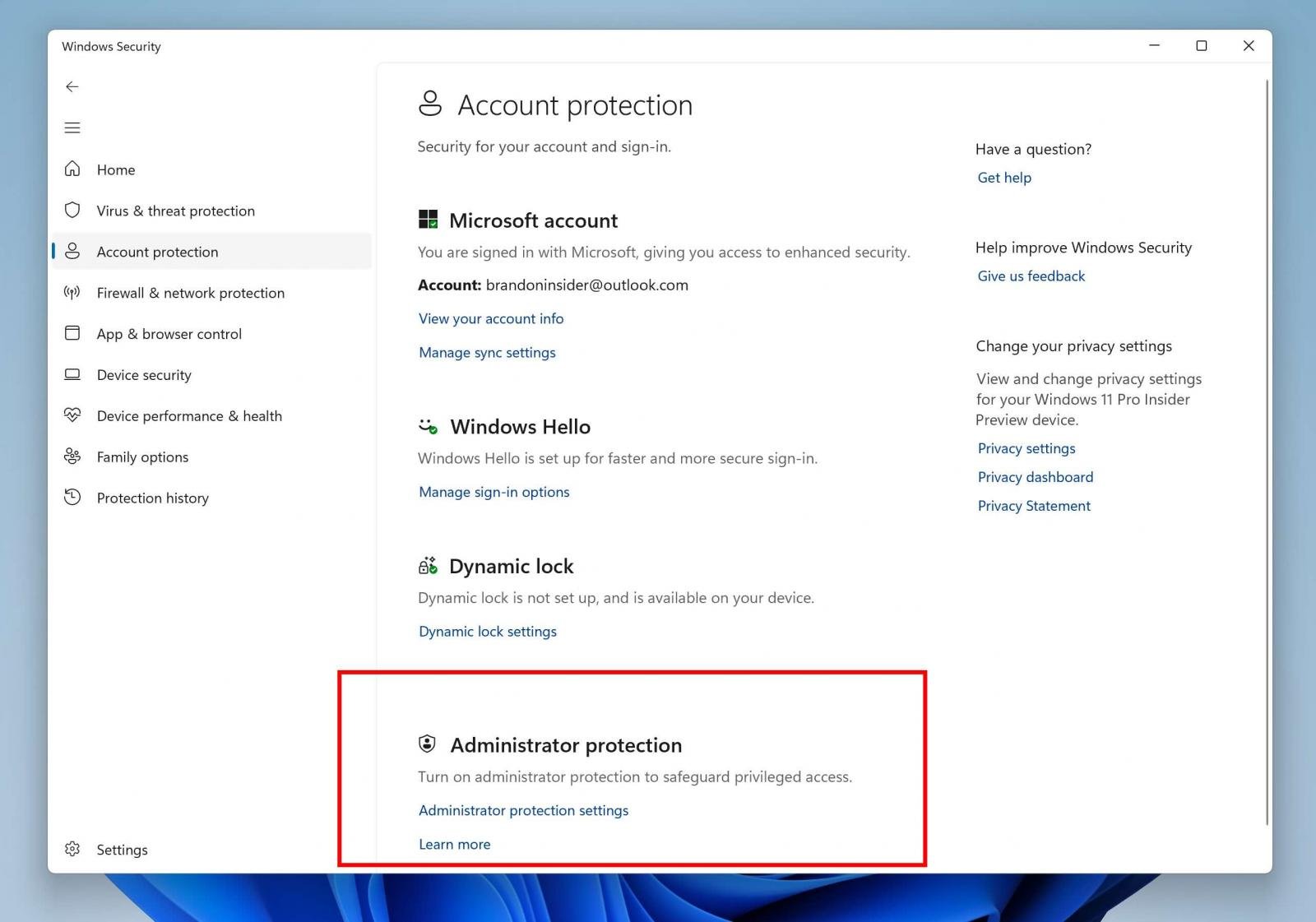 Admin protection in Windows Security settings