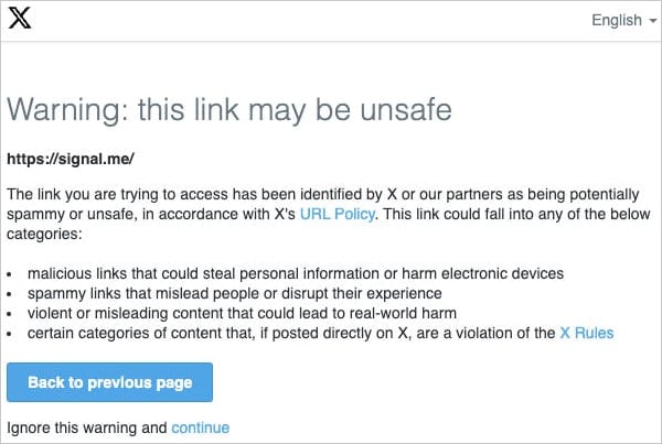 Warning message used for existing links